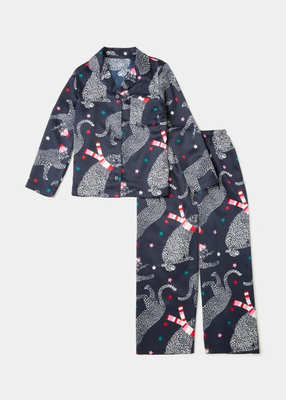 Kids Navy Oversized Leopard Satin Pyjama Set (4-13yrs)