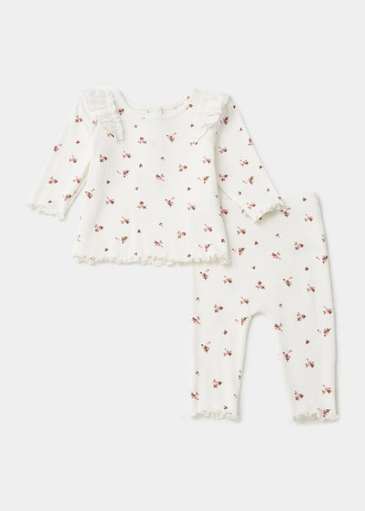 Baby Cream Floral Print Ribbed Sweatshirt & Leggings Set (Newborn-23mths) - Newborn
