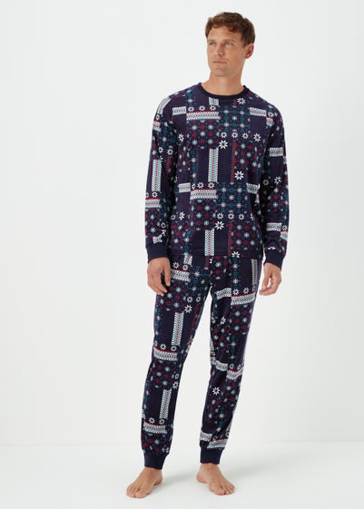 Navy Patchwork Slinky Pyjama Set - Extra small
