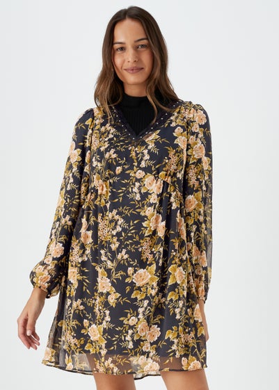 Black Floral Lace Trim Mini Dress - Size 8