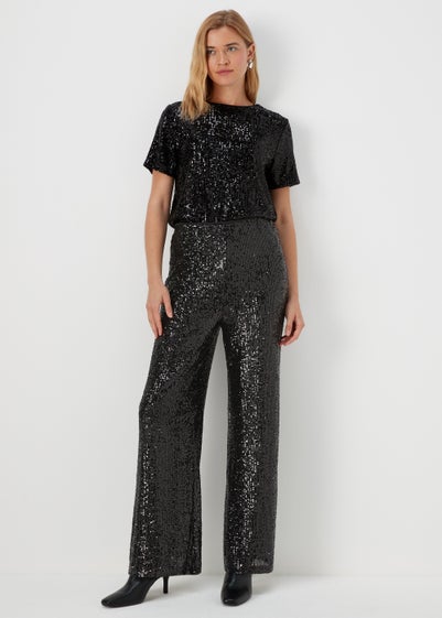 Black Sequin Wide Leg Co Ord Trousers