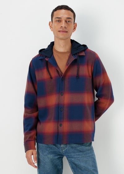 Burgundy Hooded Brushed Check Shirt - Small