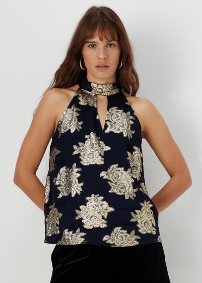 Et Vous Navy Floral High Neck Sleeveless Top - Size 8