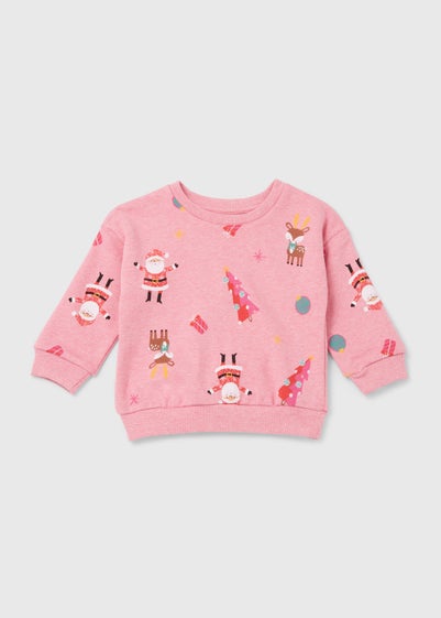 Girls Pink Christmas Sweatshirt (9mths-6yrs) - Age 9 - 12 Months