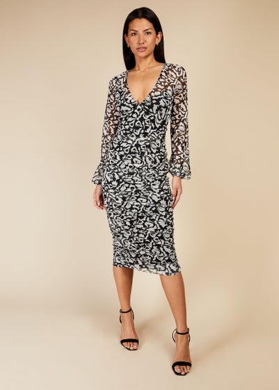 Little Mistress Black & White Print Mesh Midi Dress