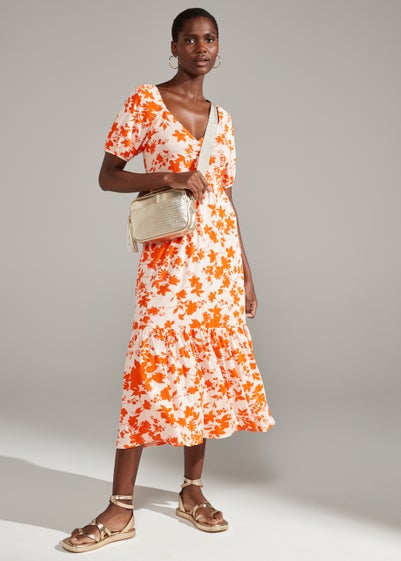 Orange Floral Print Sweetheart Midi Dress