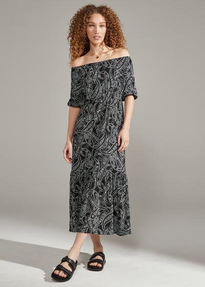 Black Print Bardot Midi Dress - Size 8