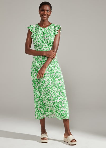 Green Floral Print Frill Sleeve Midi Dress - Size 8