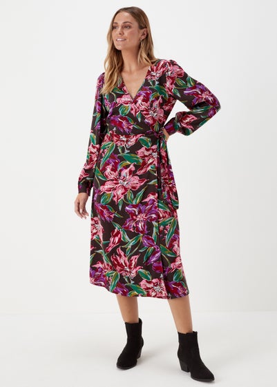 JDY Marina Khaki Wrap Long Sleeve Midi Dress - Size 10