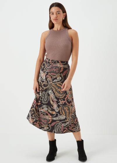 Black Multicoloured Paisley Print Flared Midi Skirt