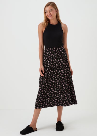 Black & Pink Floral Flared Midi Skirt