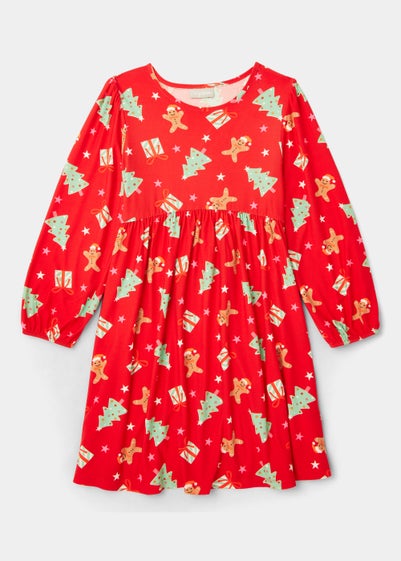 Girls Red Gingerbread Print Dress (4-12yrs) - Age 4 Years