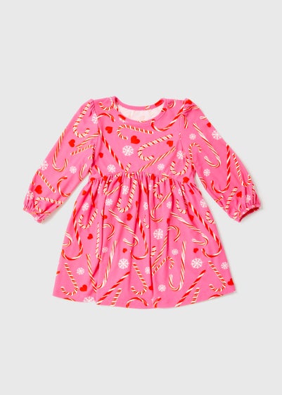 Girls Pink Christmas Candy Cane Print Soft Touch Dress (9mths-6yrs) - Age 9 - 12 Months