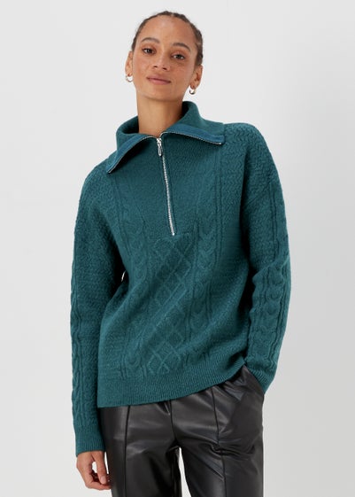 Teal Zip Neck Cable Knit Jumper - Extra small