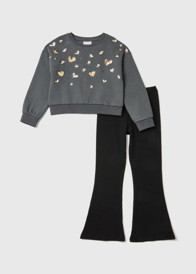 Girls Grey Leopard Sweatshirt & Flared Leggings Set (4-13yrs) - Age 4 Years