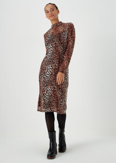 Brown Leopard Print Mesh Midi Dress - Size 8