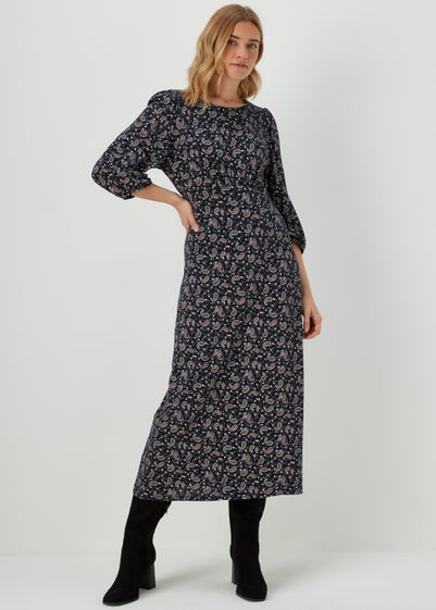 Black Paisley Empire Midi Dress