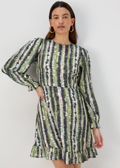 Green Print Ruffle Long Sleeve Mini Dress