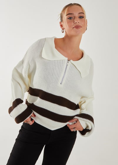 Pink Vanilla Ivory Stripe Zip-Up Collar Knitted Jumper