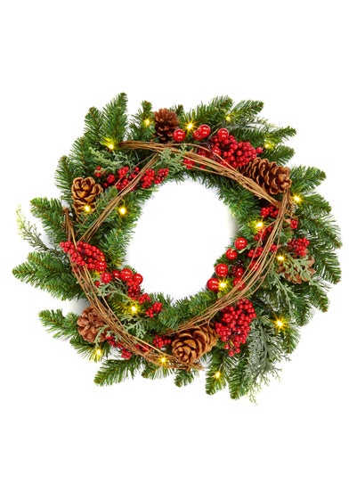 Premier Decorations 45cm Pre Lit Natural Wreath with Warm White LEDs