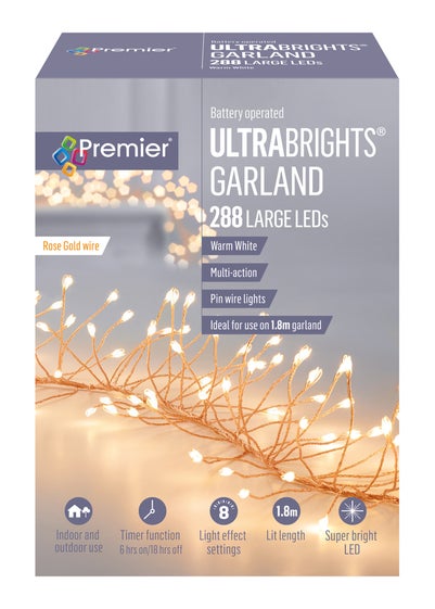 Premier Decorations 288 Large Warm White LED Battery Operated Rose Gold Wire Ultrabrights Garland