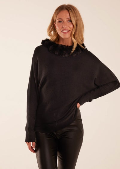 Blue Vanilla Black Fur Collar Batwing Jumper