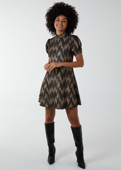 Blue Vanilla Bronze Puff Sleeve Swing Dress