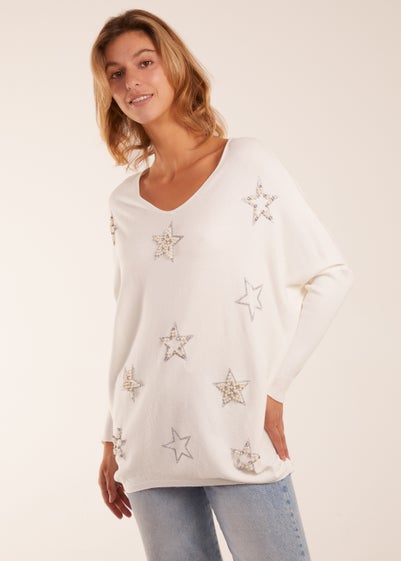 Blue Vanilla Ivory Diamante Pearl Star Jumper