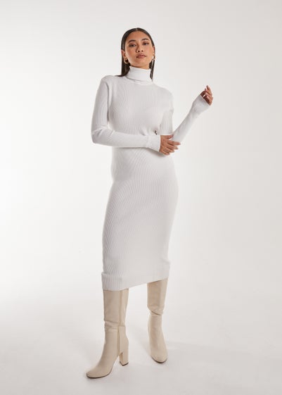 Pink Vanilla Ivory Ribbed Roll Neck Midi Dress