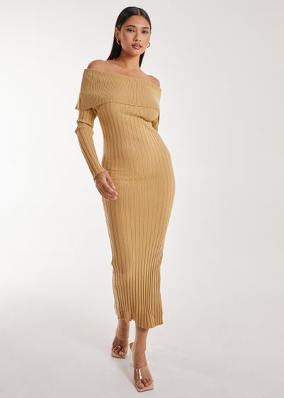 Pink Vanilla Camel Bardot Ribbed Knit Midi Dress