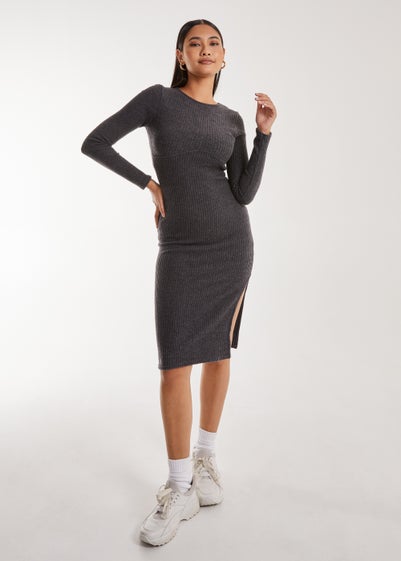 Pink Vanilla Charcoal Soft Brushed Rib Long Sleeve Midi Dress