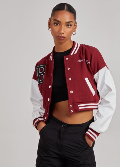 Pink Vanilla Burgundy Contrast Sleeve Baseball Jacket