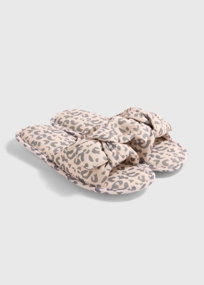 Beige Animal Print Knot Wrap Mule Slippers - Small