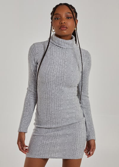 Pink Vanilla Grey Chunky Brushed Rib Roll Neck Dress