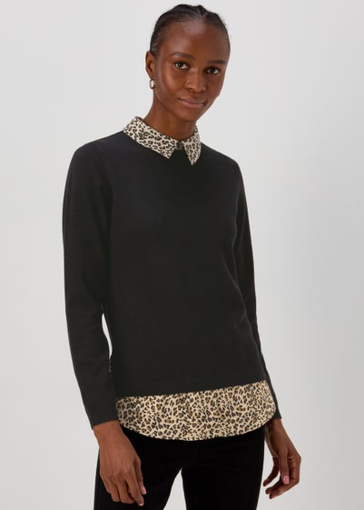 Black Leopard Print Shirt 2 in 1 Jumper - Size 8