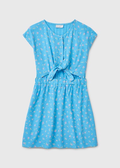 Girls Blue Tie Front Floral Viscose Dress (7-13yrs) - Age 7 Years