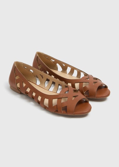 Tan Peep Toe Flat Sandals