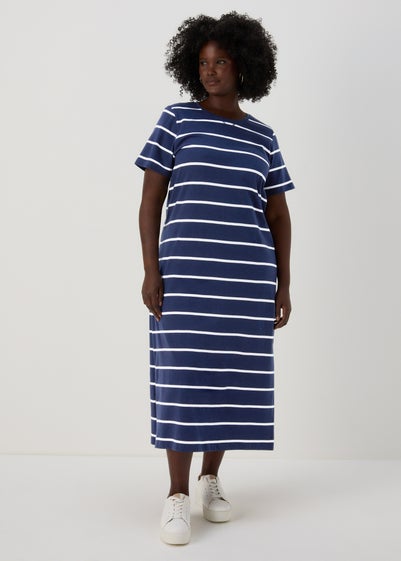 Navy Stripe Jersey Midi Dress - Size 10