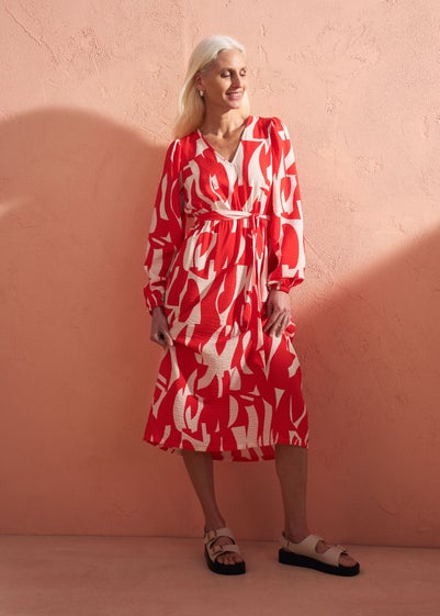 Et Vous Red Abstract Print Balloon Sleeves Dress - Size 8