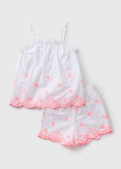 Girls White Strappy Broderie Shortie Pyjama Set (4-12yrs)