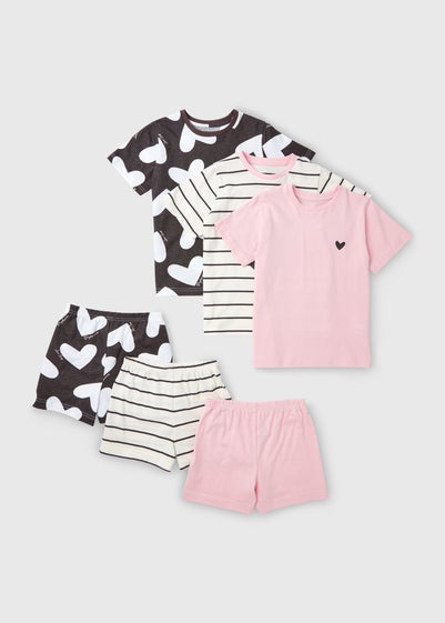Girls 3 Pack Black Heart Shortie Pyjama Sets (4-13yrs) - Age 4 Years