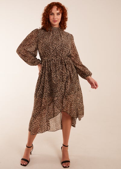 Blue Vanilla Tan Curve Leopard Print High Neck Wrap Midi Dress