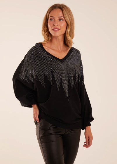 Blue Vanilla Black V Neck Diamante Jumper