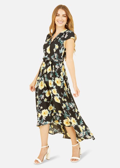 Mela Black Floral Print Dipped Hem Midi Wrap Dress