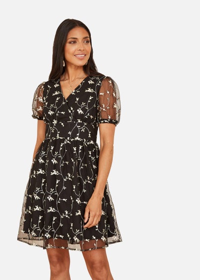 Mela Embroidery Mesh Skater Dress In Black