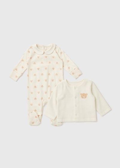 Baby Cream 2 Piece Bear Sleepsuit & Cardigan Set (Tiny Baby-12mths) - Age 6 - 9 Months