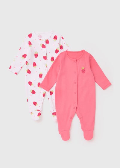 Baby 2 Pack Pink Strawberry Print Sleepsuits (Newborn-23mths) - Newborn