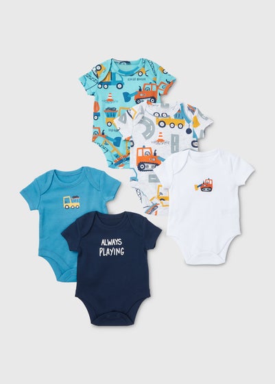 Baby 5 Pack Blue Car Print Bodysuits (Newborn-23mths) - Newborn