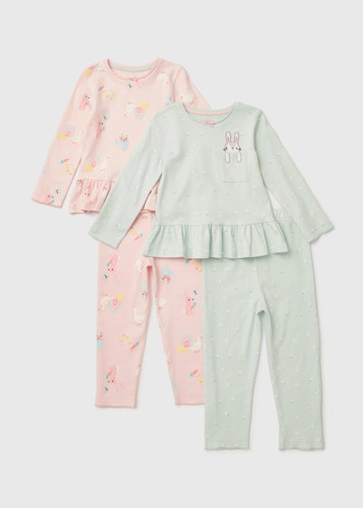 Girls 2 Pack Aqua Floral Bunny Pyjama Set (9mths- 5yrs) - Age 3 - 4 Years
