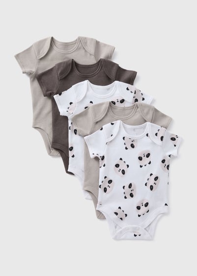 Baby 5 Pack Grey Panda Bodysuits (Newborn-23mths) - Newborn